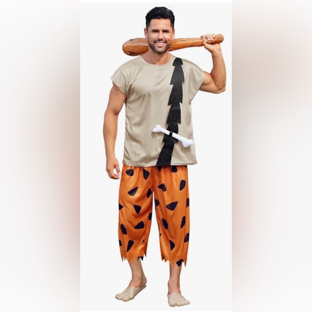 Men's Cartoon Flintstone Costume Top and Pants - Beige and Orange